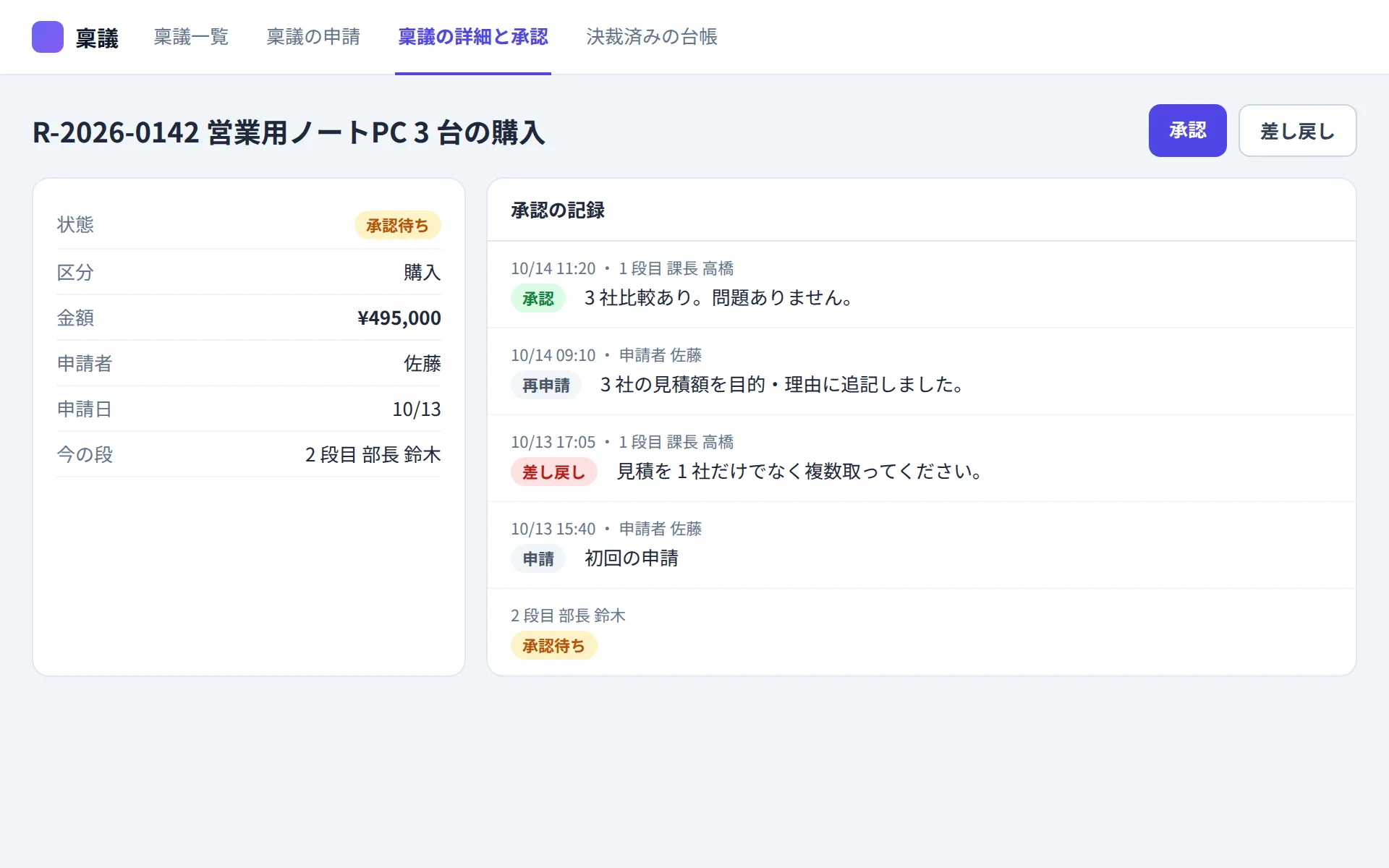 稟議アプリの稟議の詳細と承認の画面イメージ