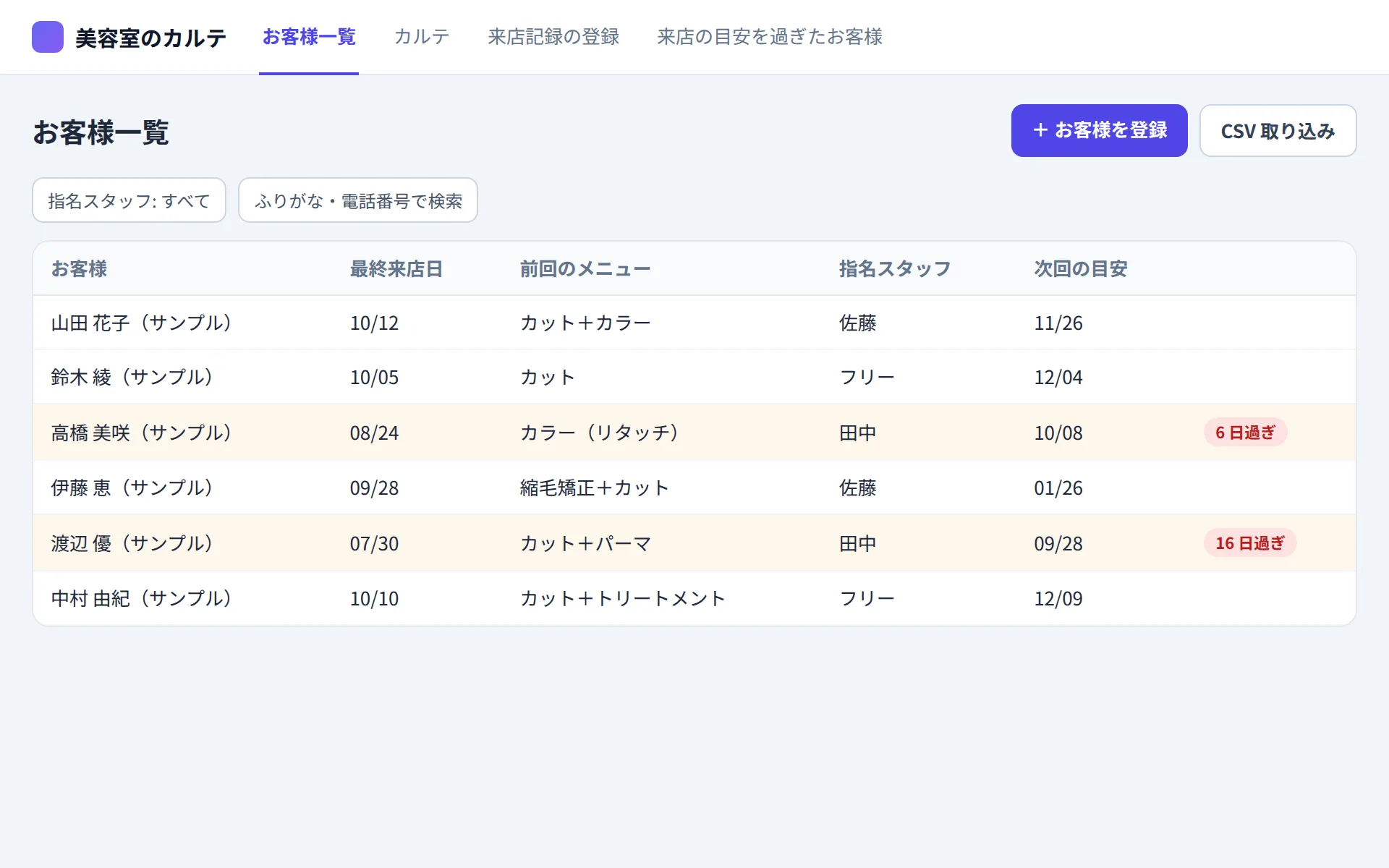 美容室の顧客管理アプリのお客様一覧の画面イメージ