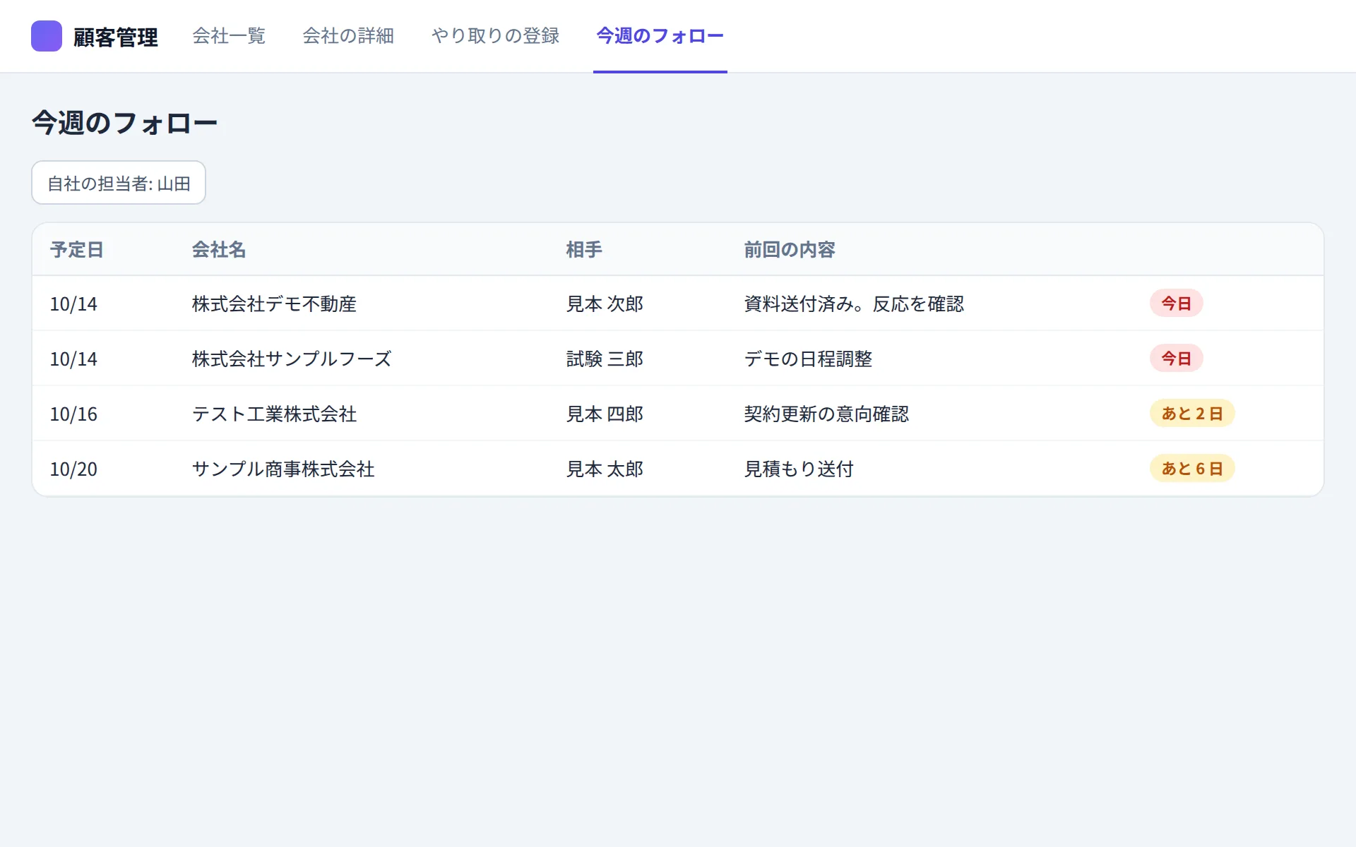 顧客管理アプリの今週のフォローの画面イメージ