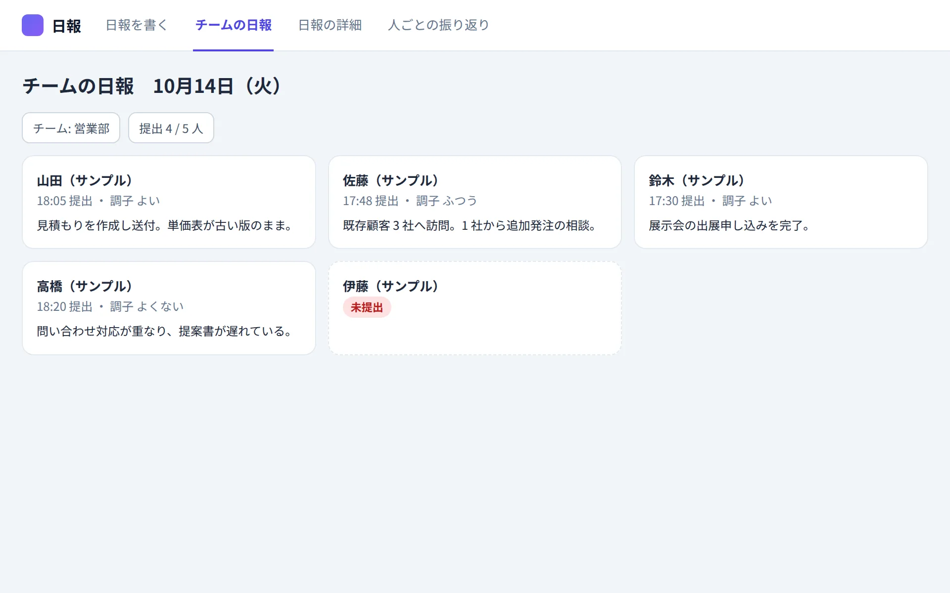 日報アプリのチームの日報の画面イメージ