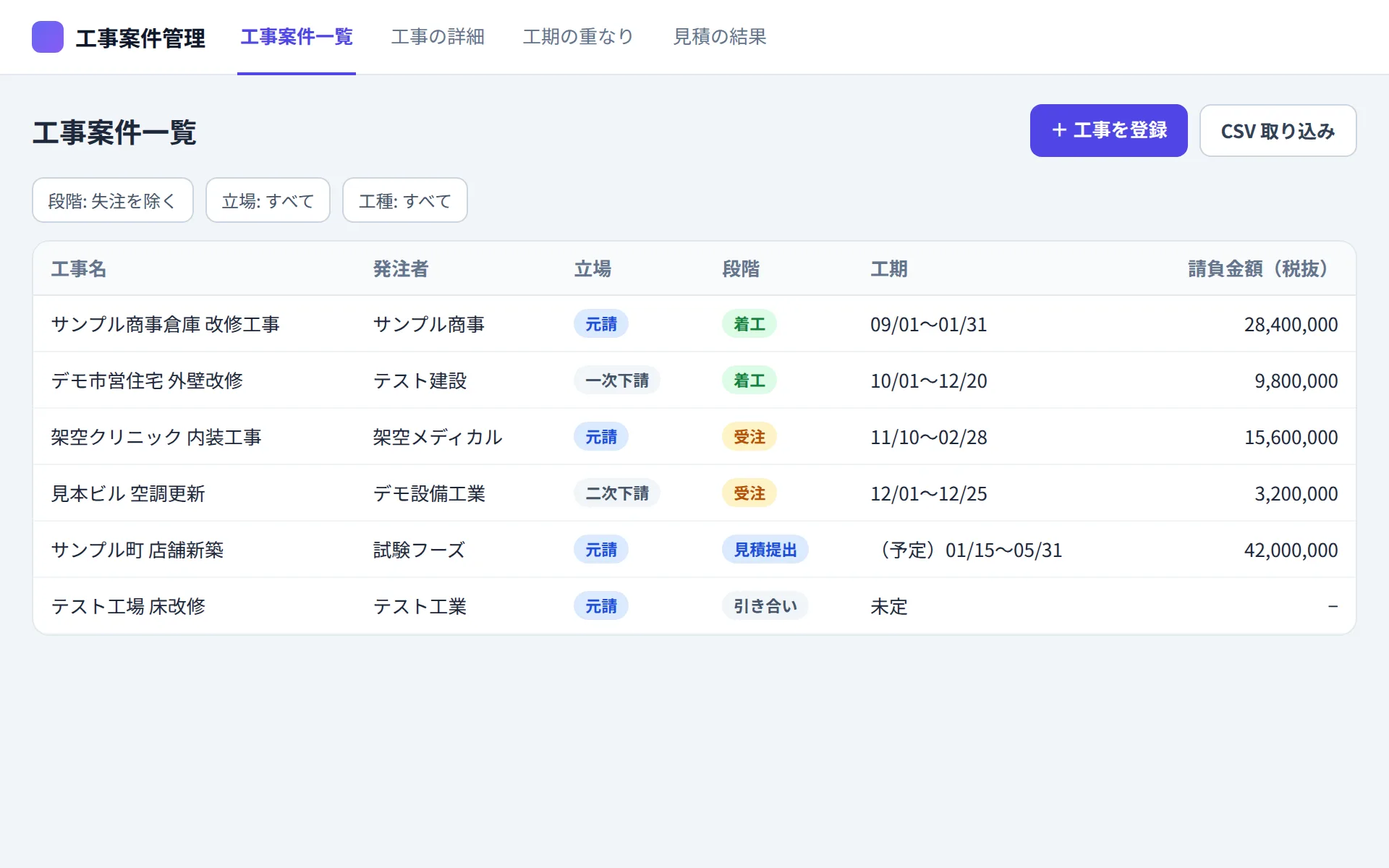 建設業の案件管理アプリの工事案件一覧の画面イメージ
