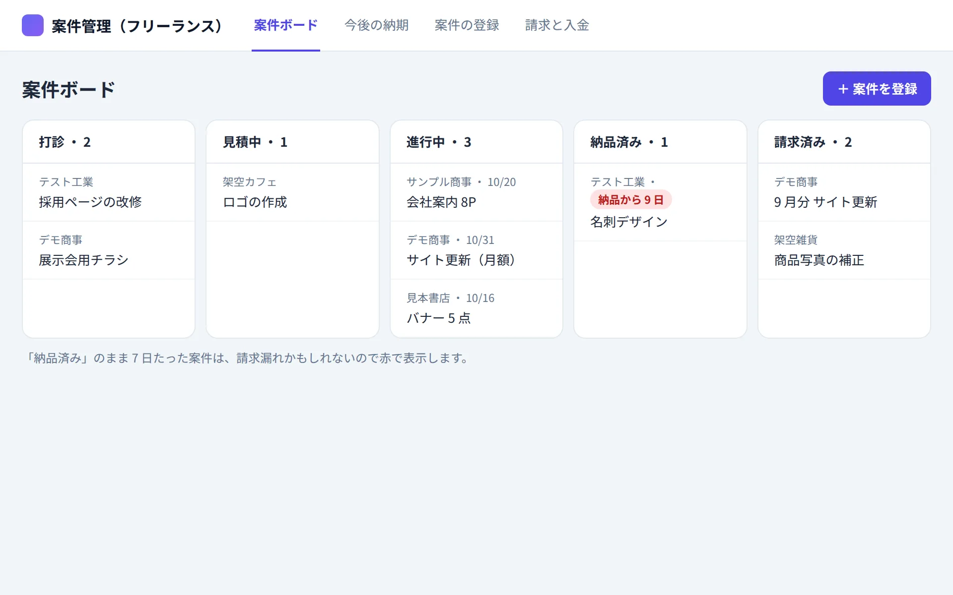 フリーランスの案件管理アプリの案件ボードの画面イメージ