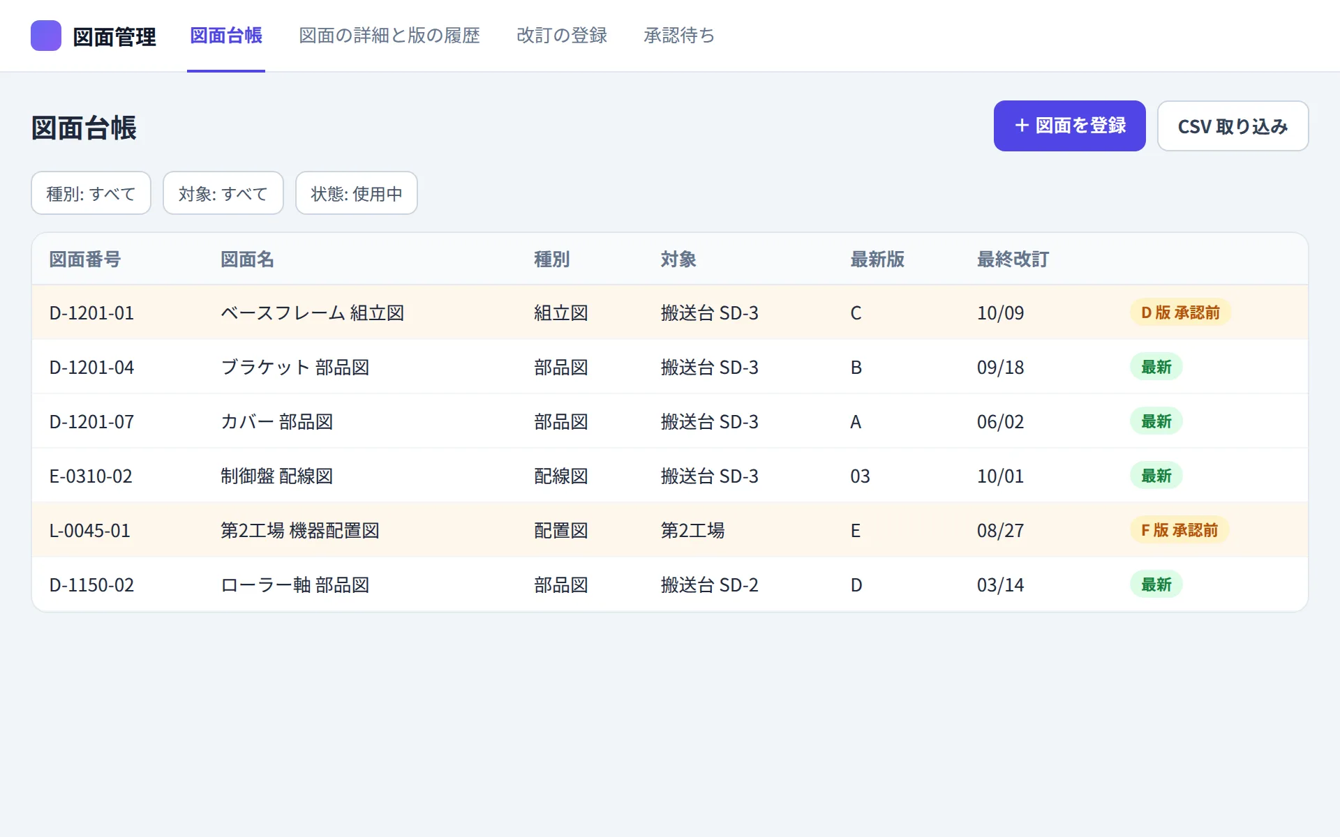 図面管理アプリの図面台帳の画面イメージ