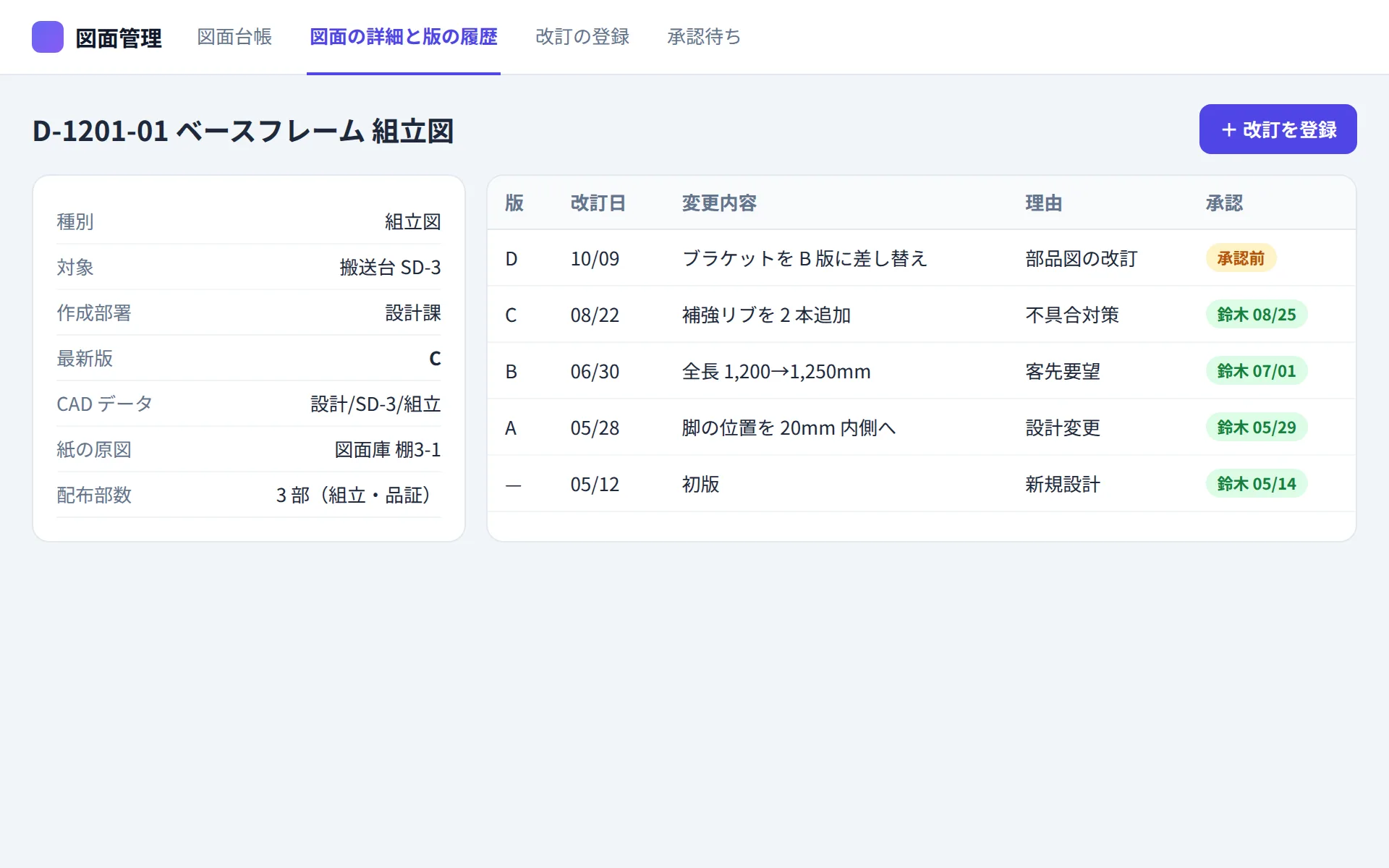 図面管理アプリの図面の詳細と版の履歴の画面イメージ