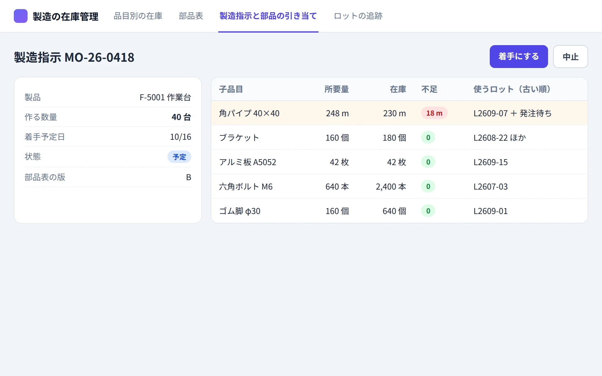 製造業の在庫管理アプリの製造指示と部品の引き当ての画面イメージ