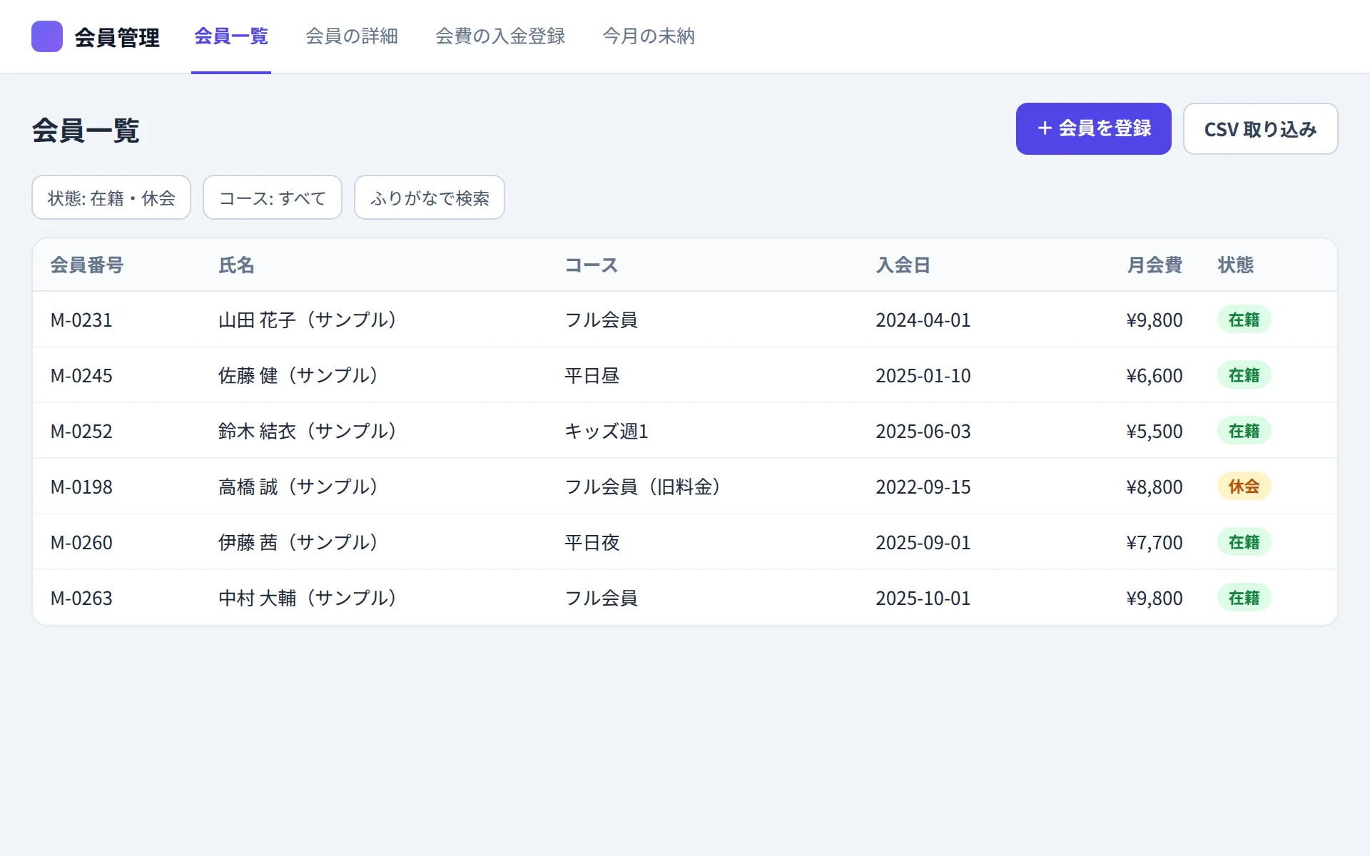 会員管理アプリの会員一覧の画面イメージ