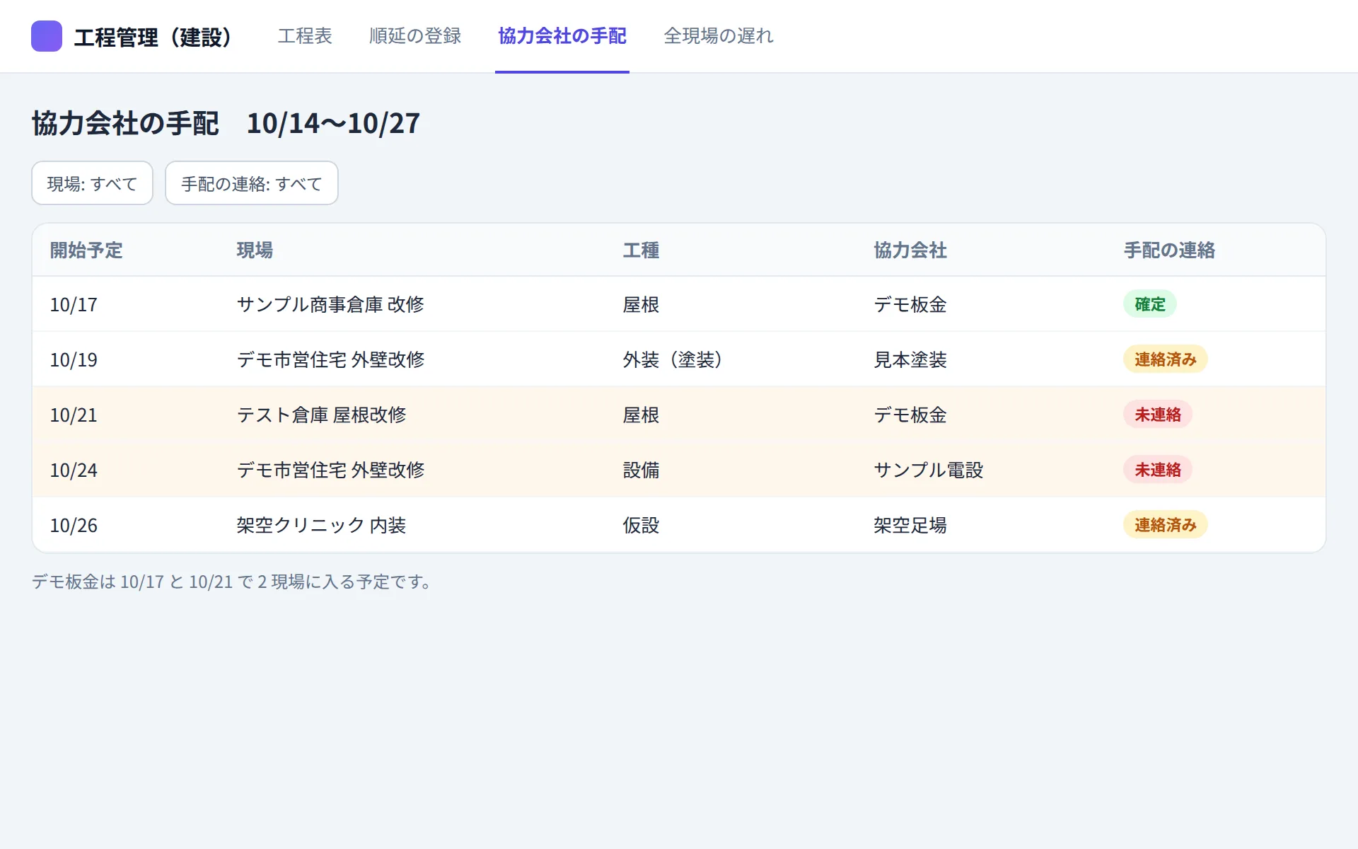 建設業の工程管理アプリの協力会社の手配の画面イメージ
