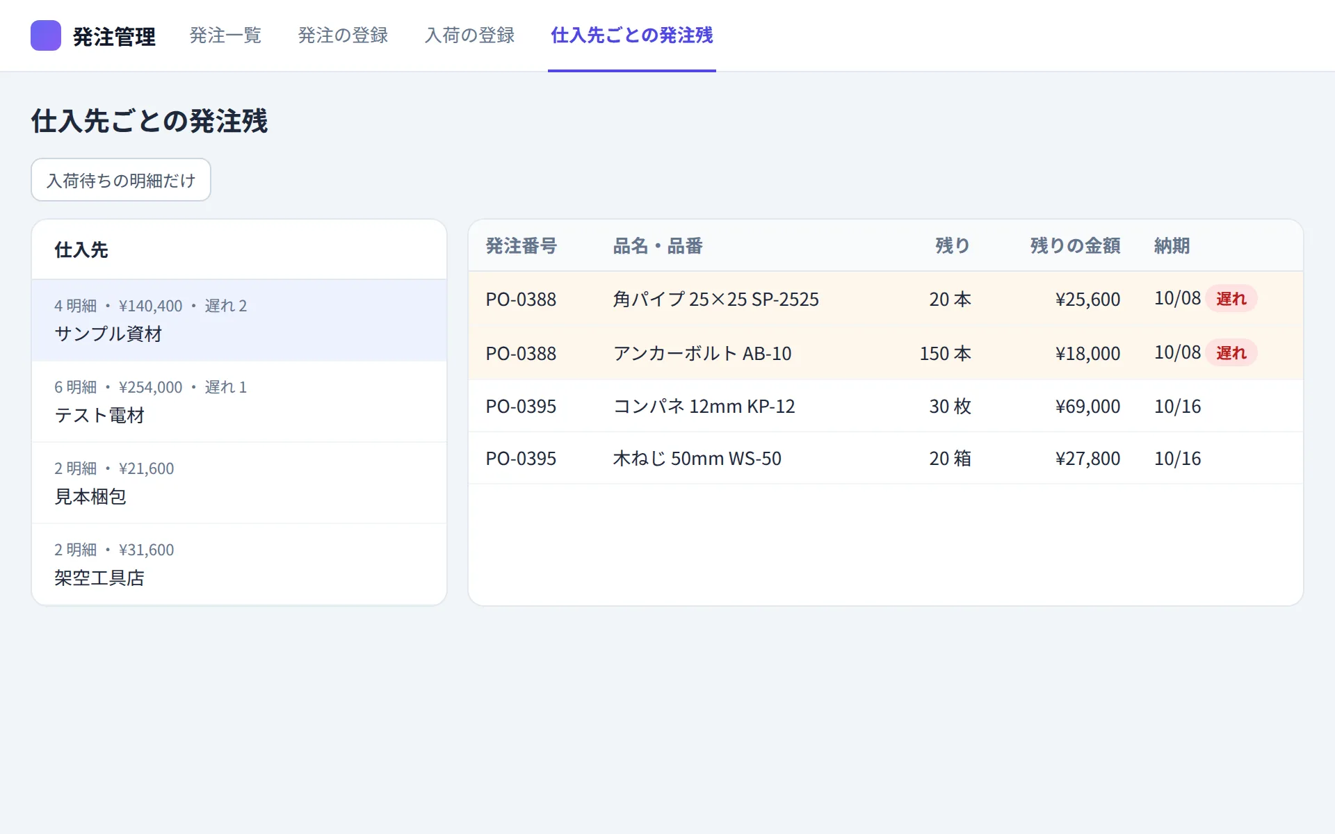 発注管理アプリの仕入先ごとの発注残の画面イメージ